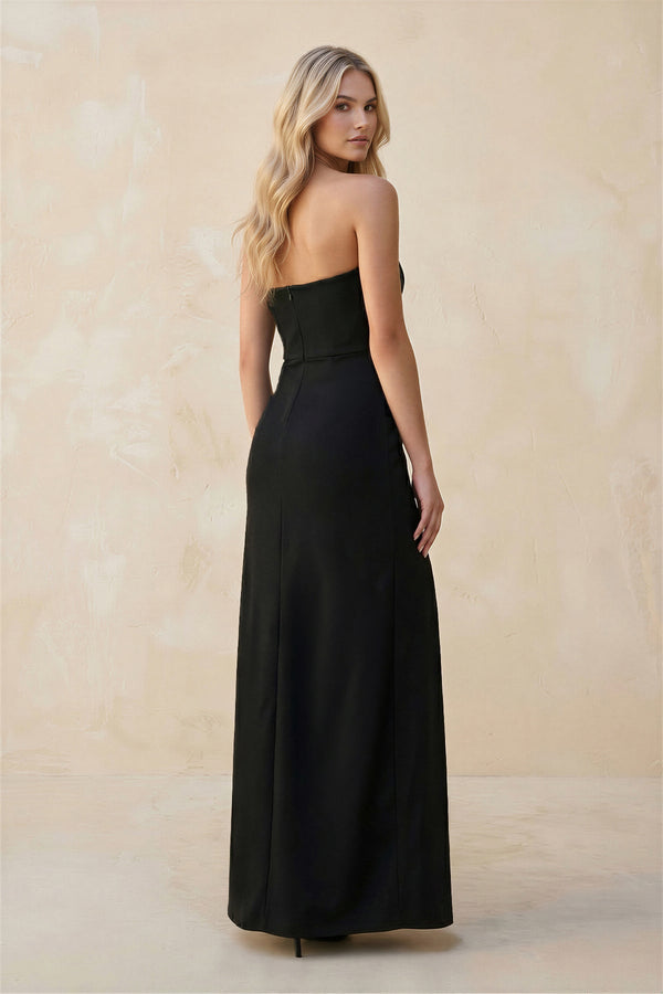 Strapless Sheath Satin Bridesmaid Dress With Slit in Black - KissProm Bridesmaid Dresses