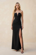 Strapless Sheath Satin Bridesmaid Dress With Slit in Black - KissProm Bridesmaid Dresses