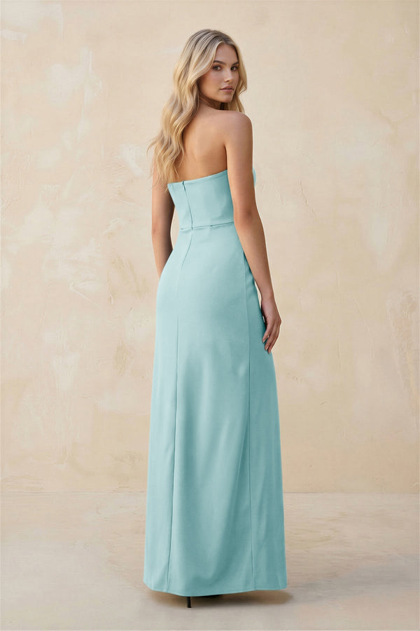 Strapless Sheath Satin Bridesmaid Dress With Slit in Bleached Aqua - KissProm Bridesmaid Dresses