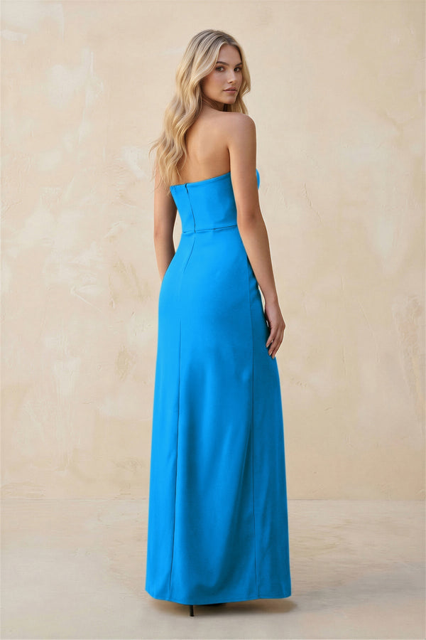 Strapless Sheath Satin Bridesmaid Dress With Slit in Blue Jay - KissProm Bridesmaid Dresses