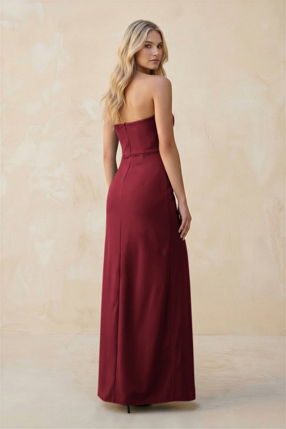 Strapless Sheath Satin Bridesmaid Dress With Slit in Burgundy - KissProm Bridesmaid Dresses