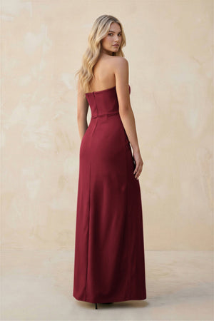 Strapless Sheath Satin Bridesmaid Dress With Slit in Burgundy - KissProm Bridesmaid Dresses