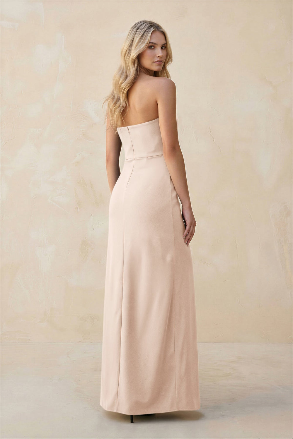 Strapless Sheath Satin Bridesmaid Dress With Slit in Buttercream - KissProm Bridesmaid Dresses