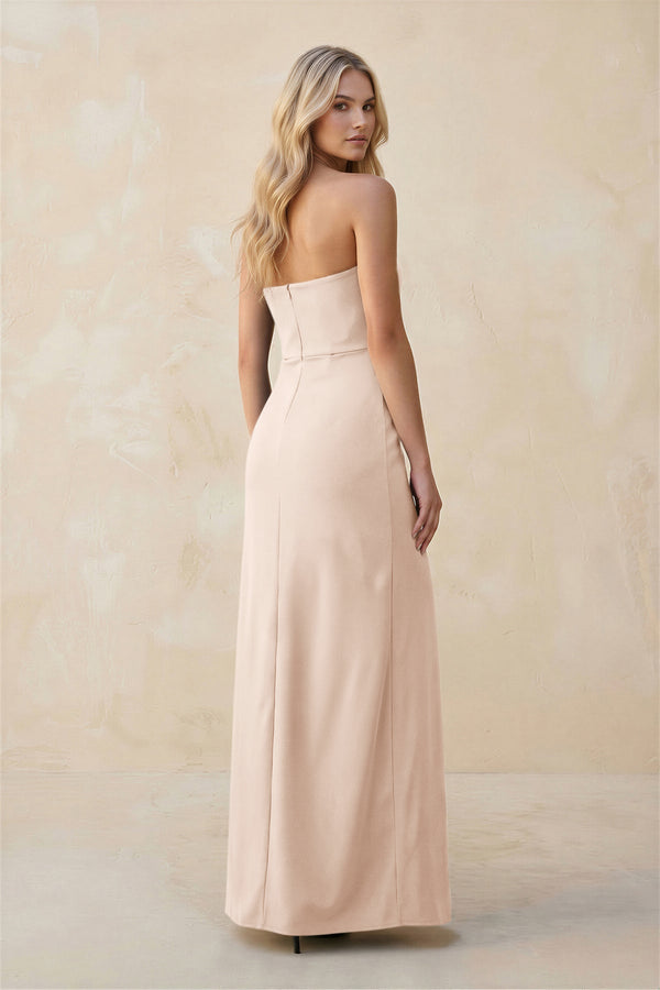 Strapless Sheath Satin Bridesmaid Dress With Slit in Buttercream - KissProm Bridesmaid Dresses