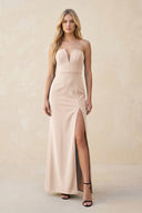 Strapless Sheath Satin Bridesmaid Dress With Slit in Buttercream - KissProm Bridesmaid Dresses