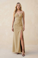 Strapless Sheath Satin Bridesmaid Dress With Slit in Champagne - KissProm Bridesmaid Dresses