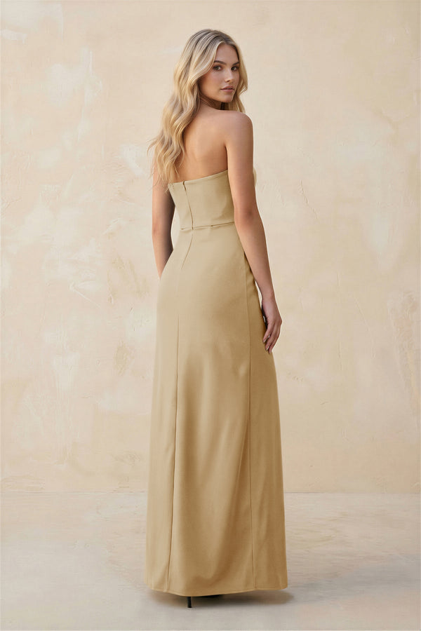 Strapless Sheath Satin Bridesmaid Dress With Slit in Champagne - KissProm Bridesmaid Dresses