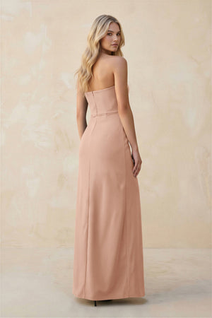 Strapless Sheath Satin Bridesmaid Dress With Slit in Champagne Rose - KissProm Bridesmaid Dresses