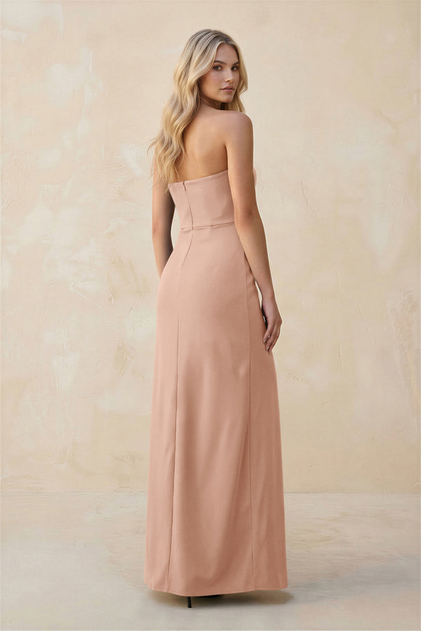 Strapless Sheath Satin Bridesmaid Dress With Slit in Champagne Rose - KissProm Bridesmaid Dresses
