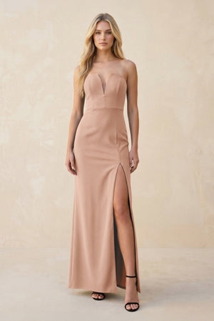 Strapless Sheath Satin Bridesmaid Dress With Slit in Champagne Rose - KissProm Bridesmaid Dresses