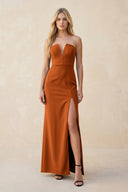 Strapless Sheath Satin Bridesmaid Dress With Slit in Cinnamon - KissProm Bridesmaid Dresses