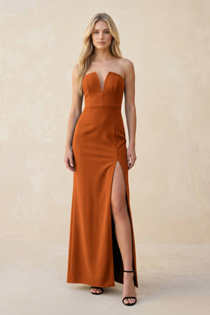 Strapless Sheath Satin Bridesmaid Dress With Slit in Cinnamon - KissProm Bridesmaid Dresses