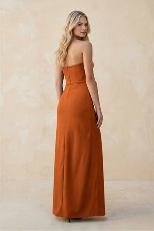 Strapless Sheath Satin Bridesmaid Dress With Slit in Cinnamon - KissProm Bridesmaid Dresses