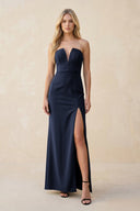 Strapless Sheath Satin Bridesmaid Dress With Slit in Dark Navy - KissProm Bridesmaid Dresses