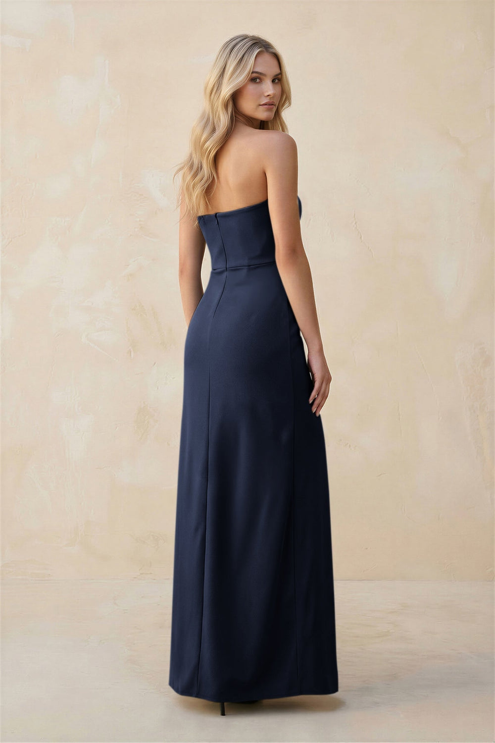 Strapless Sheath Satin Bridesmaid Dress With Slit in Dark Navy - KissProm Bridesmaid Dresses