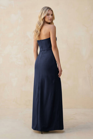 Strapless Sheath Satin Bridesmaid Dress With Slit in Dark Navy - KissProm Bridesmaid Dresses