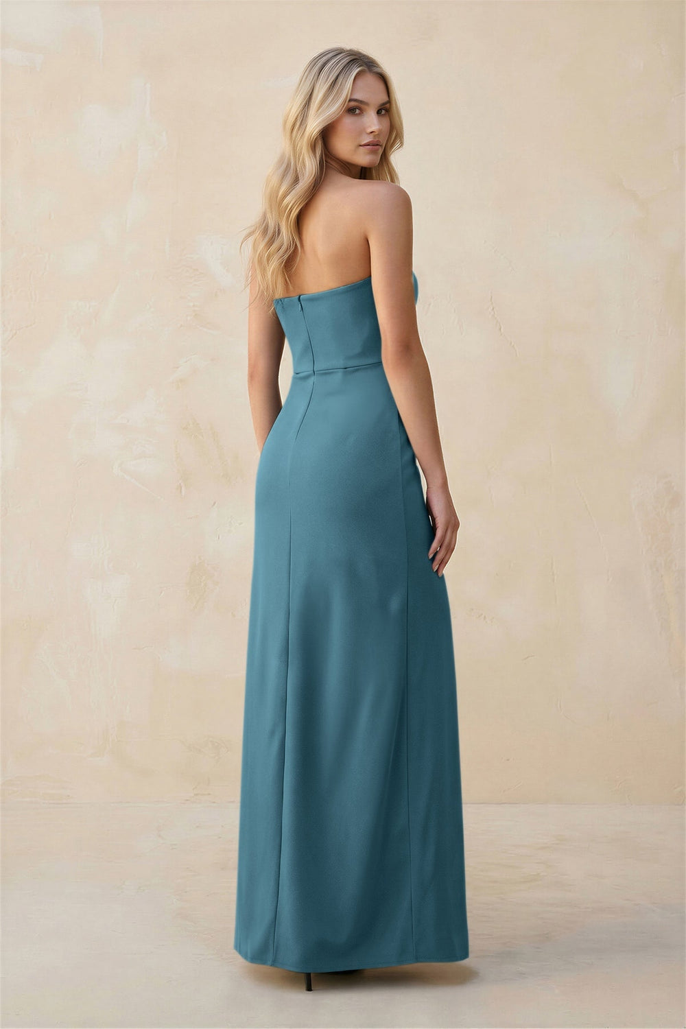 Strapless Sheath Satin Bridesmaid Dress With Slit in Dark Teal - KissProm Bridesmaid Dresses