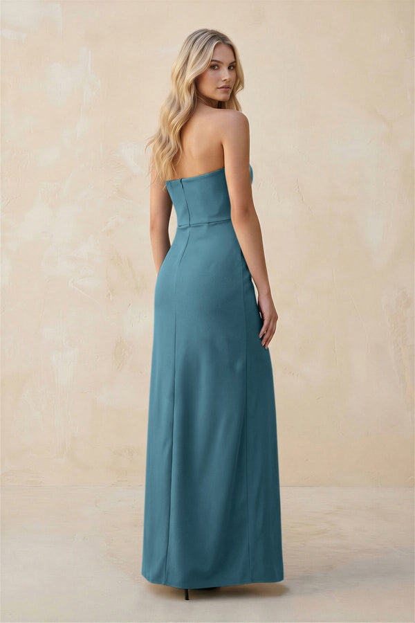 Strapless Sheath Satin Bridesmaid Dress With Slit in Dark Teal - KissProm Bridesmaid Dresses
