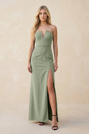 Strapless Sheath Satin Bridesmaid Dress With Slit in Dove Gray - KissProm Bridesmaid Dresses