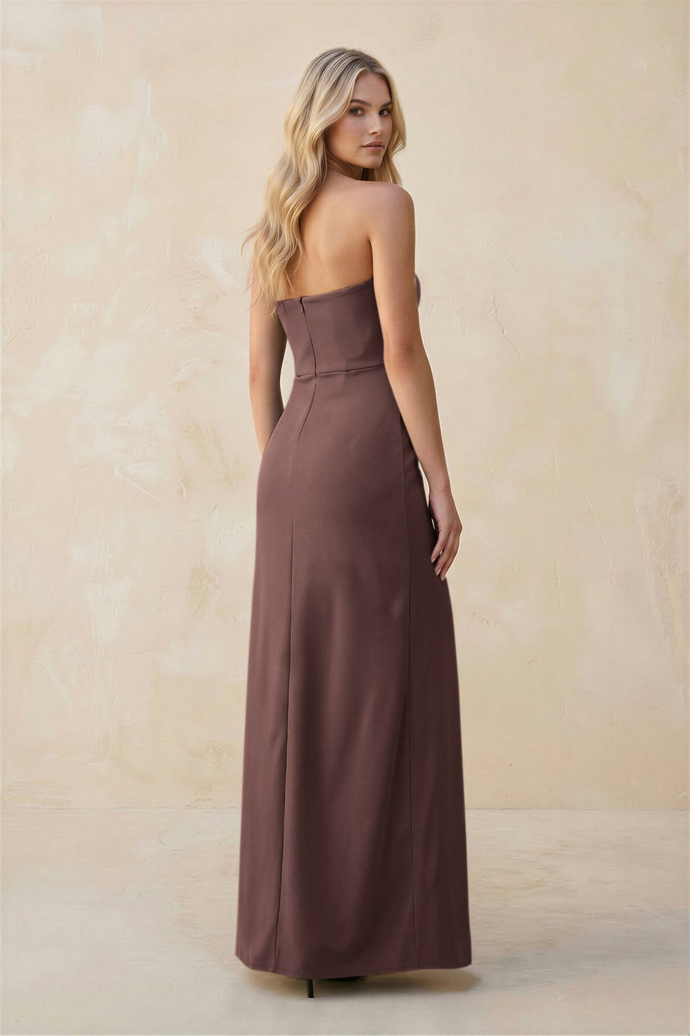 Strapless Sheath Satin Bridesmaid Dress With Slit in Espresso - KissProm Bridesmaid Dresses