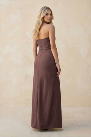Strapless Sheath Satin Bridesmaid Dress With Slit in Espresso - KissProm Bridesmaid Dresses