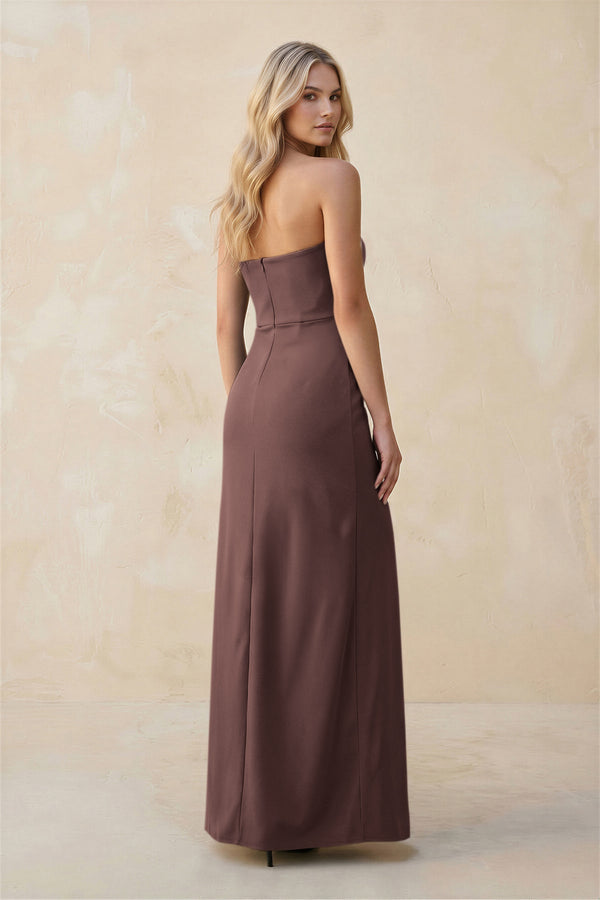 Strapless Sheath Satin Bridesmaid Dress With Slit in Espresso - KissProm Bridesmaid Dresses