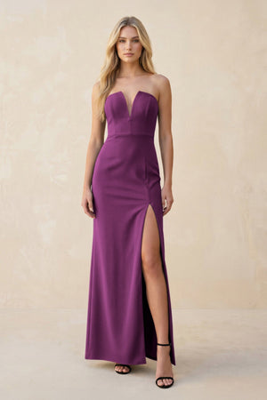 Strapless Sheath Satin Bridesmaid Dress With Slit in Fig - KissProm Bridesmaid Dresses