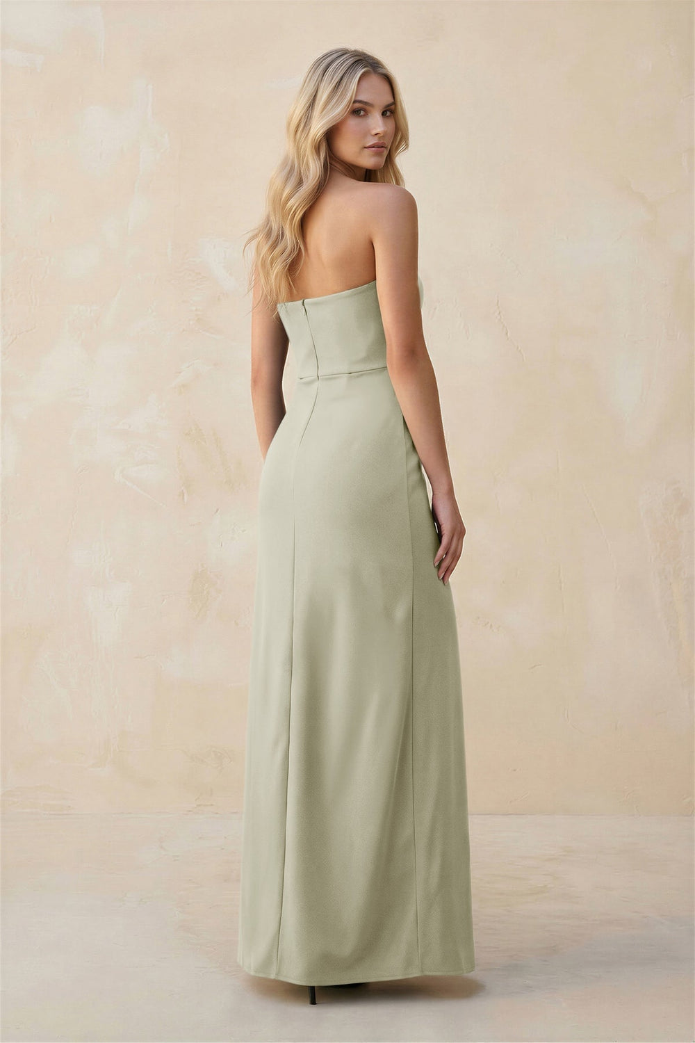 Strapless Sheath Satin Bridesmaid Dress With Slit in Frost - KissProm Bridesmaid Dresses