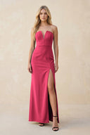 Strapless Sheath Satin Bridesmaid Dress With Slit in Fuchsia - KissProm Bridesmaid Dresses