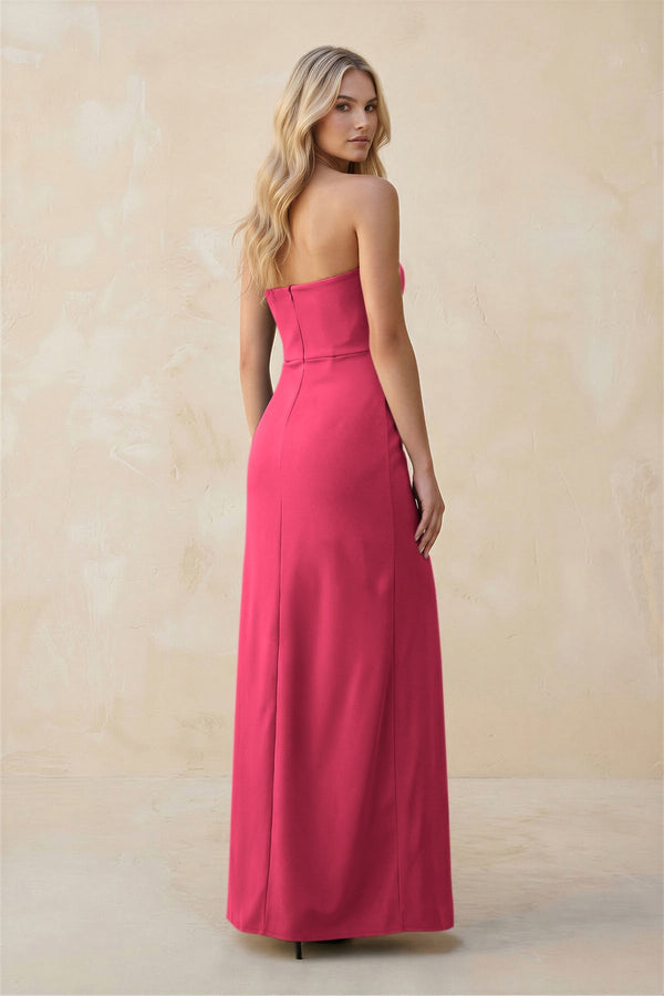Strapless Sheath Satin Bridesmaid Dress With Slit in Fuchsia - KissProm Bridesmaid Dresses