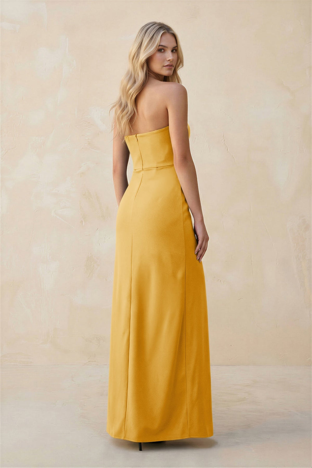 Strapless Sheath Satin Bridesmaid Dress With Slit in Gold - KissProm Bridesmaid Dresses