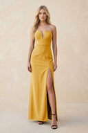 Strapless Sheath Satin Bridesmaid Dress With Slit in Gold - KissProm Bridesmaid Dresses