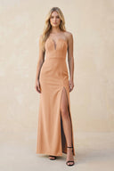 Strapless Sheath Satin Bridesmaid Dress With Slit in Golden Champagne - KissProm Bridesmaid Dresses