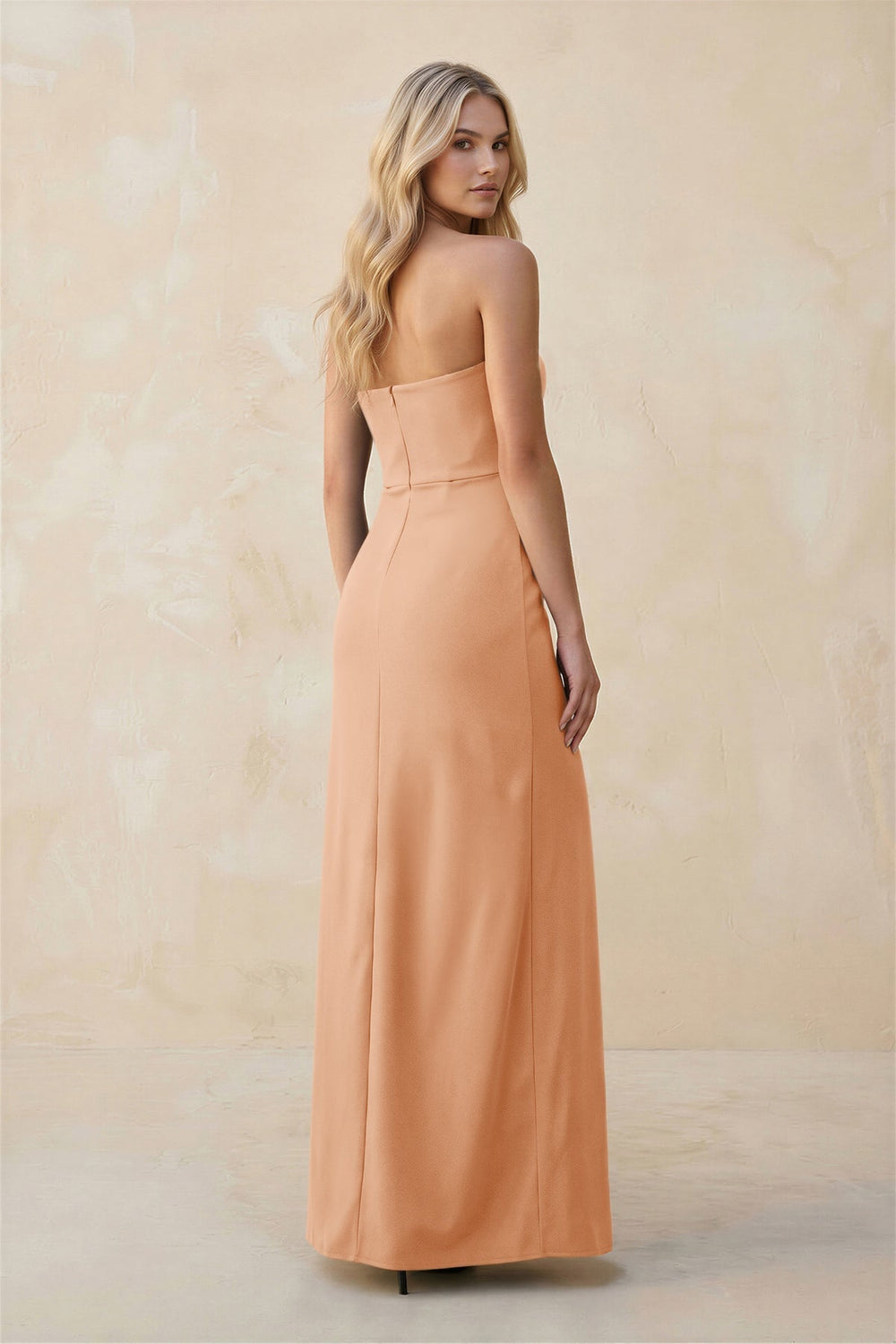Strapless Sheath Satin Bridesmaid Dress With Slit in Golden Champagne - KissProm Bridesmaid Dresses
