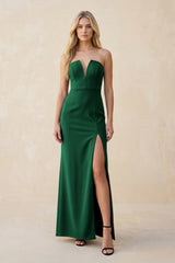Strapless Sheath Satin Bridesmaid Dress With Slit in Green - KissProm Bridesmaid Dresses