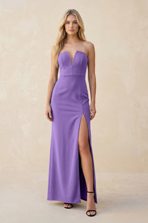 Strapless Sheath Satin Bridesmaid Dress With Slit in Lilac - KissProm Bridesmaid Dresses