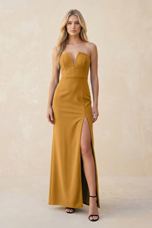 Strapless Sheath Satin Bridesmaid Dress With Slit in Marigold - KissProm Bridesmaid Dresses