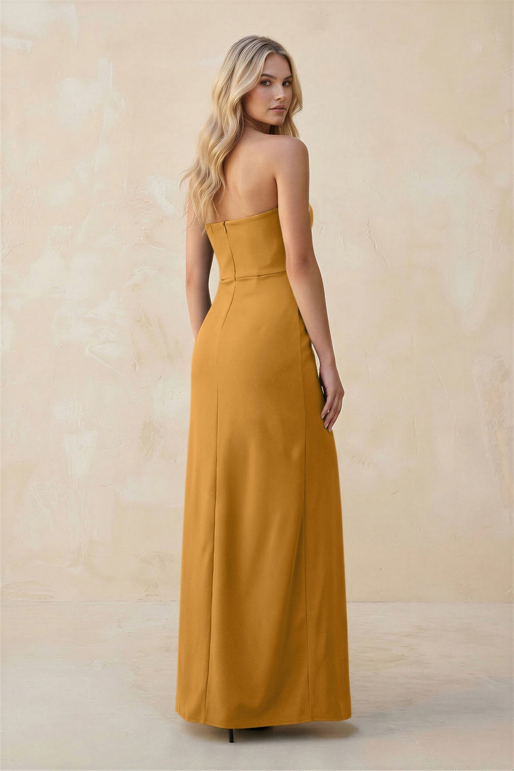 Strapless Sheath Satin Bridesmaid Dress With Slit in Marigold - KissProm Bridesmaid Dresses
