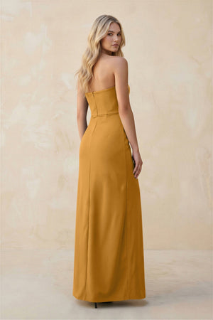 Strapless Sheath Satin Bridesmaid Dress With Slit in Marigold - KissProm Bridesmaid Dresses