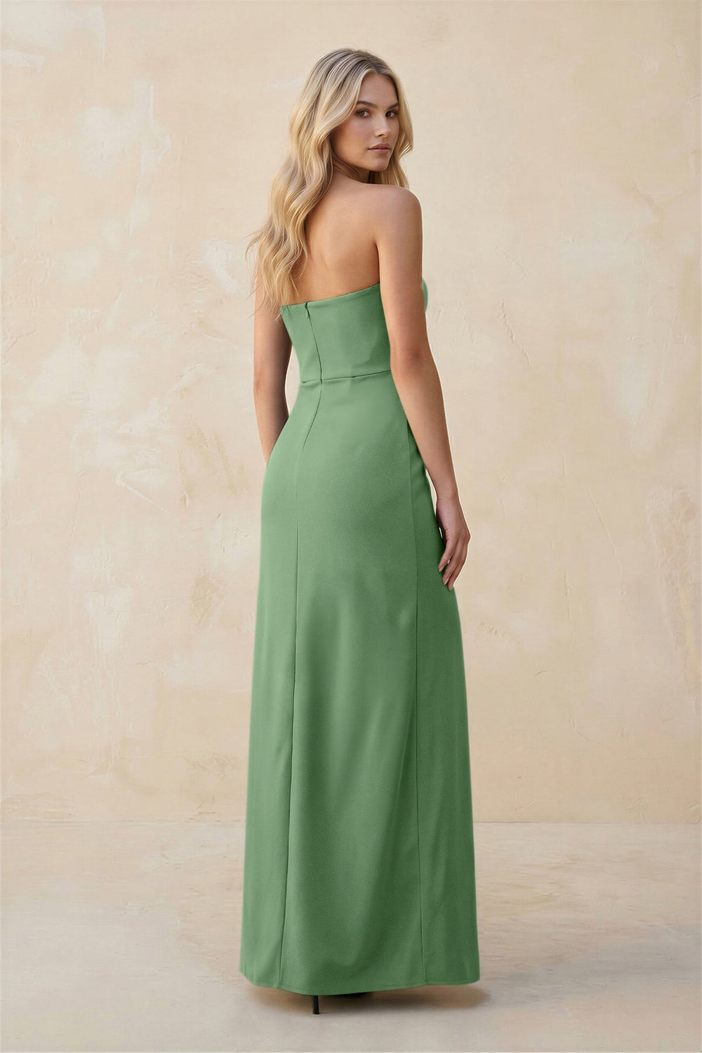 Strapless Sheath Satin Bridesmaid Dress With Slit in Matcha - KissProm Bridesmaid Dresses