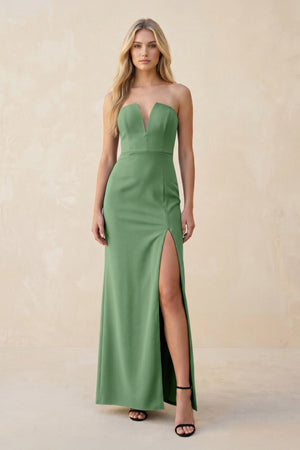 Strapless Sheath Satin Bridesmaid Dress With Slit in Matcha - KissProm Bridesmaid Dresses