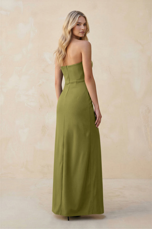 Strapless Sheath Satin Bridesmaid Dress With Slit in Moss Green - KissProm Bridesmaid Dresses