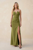 Strapless Sheath Satin Bridesmaid Dress With Slit in Moss Green - KissProm Bridesmaid Dresses