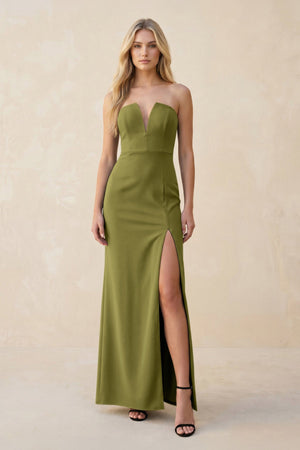 Strapless Sheath Satin Bridesmaid Dress With Slit in Moss Green - KissProm Bridesmaid Dresses