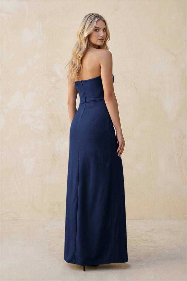 Strapless Sheath Satin Bridesmaid Dress With Slit in Navy - KissProm Bridesmaid Dresses