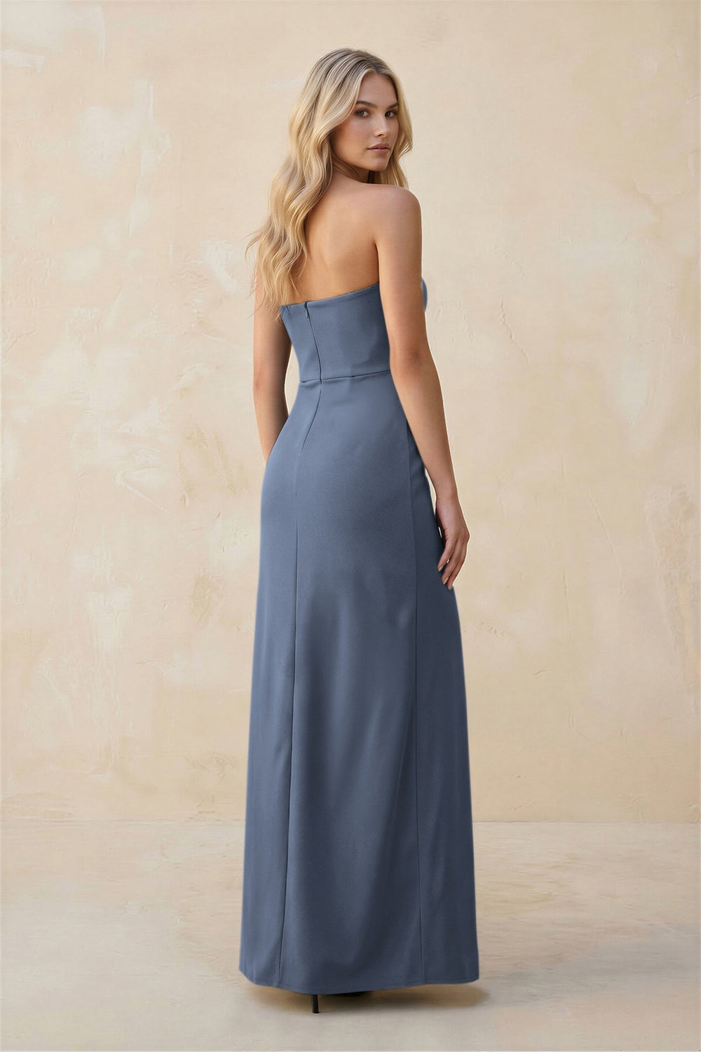 Strapless Sheath Satin Bridesmaid Dress With Slit in Neptune - KissProm Bridesmaid Dresses