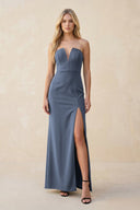 Strapless Sheath Satin Bridesmaid Dress With Slit in Neptune - KissProm Bridesmaid Dresses