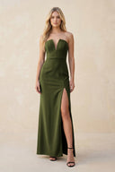Strapless Sheath Satin Bridesmaid Dress With Slit in Olive - KissProm Bridesmaid Dresses