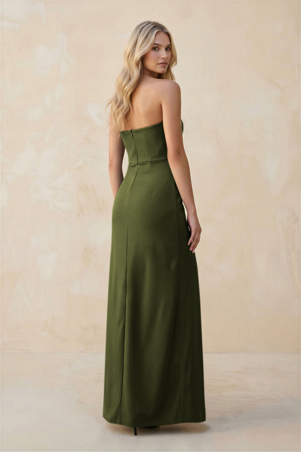Strapless Sheath Satin Bridesmaid Dress With Slit in Olive - KissProm Bridesmaid Dresses