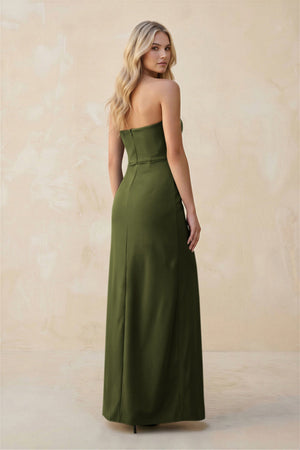 Strapless Sheath Satin Bridesmaid Dress With Slit in Olive - KissProm Bridesmaid Dresses